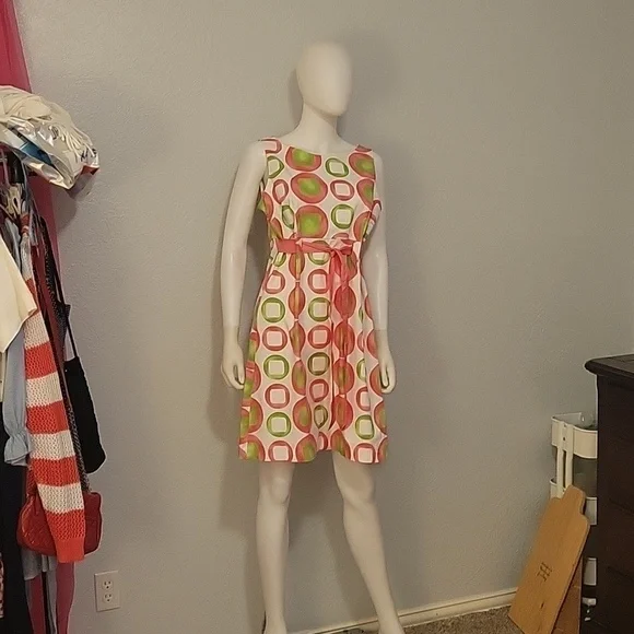 KIM ROGERS Pink Green Sleeveless Space Age Atomic Mod Tie Waist Dress Medium - Picture 2 of 7